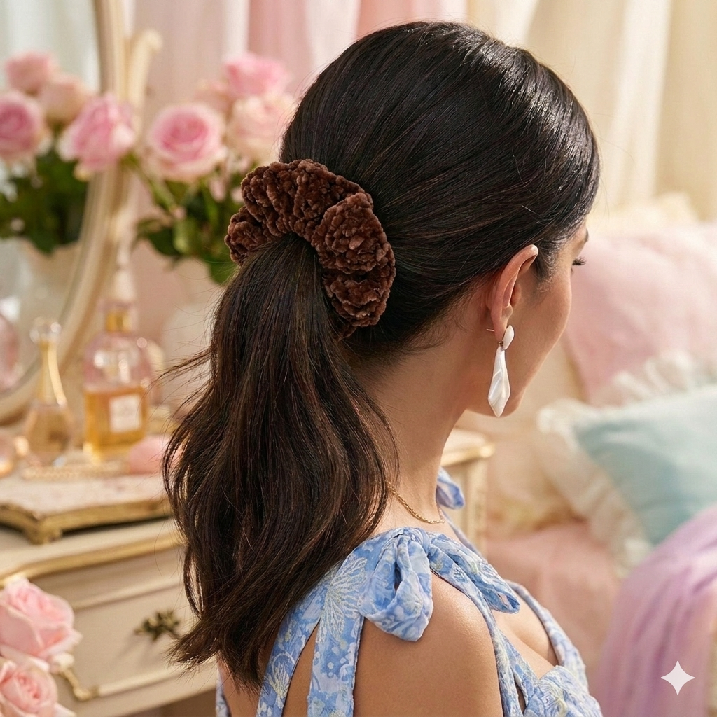 Velvet Plush Scrunchie in Dark Brown