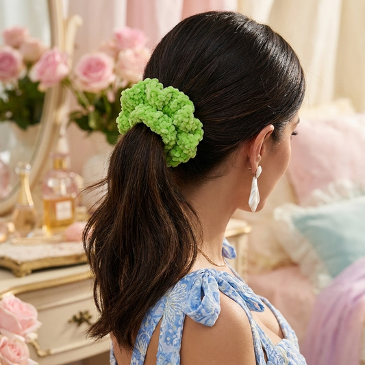 Neon Lime Green Chenille Velvet Scrunchie | Extra Fluffy Hair Tie | Soft & Gentle No-Crease Hair Accessory