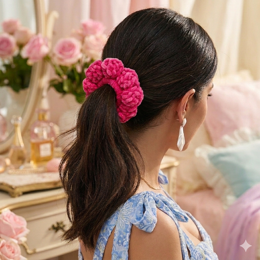 Velvet Plush Scrunchie in fuchsia pink.