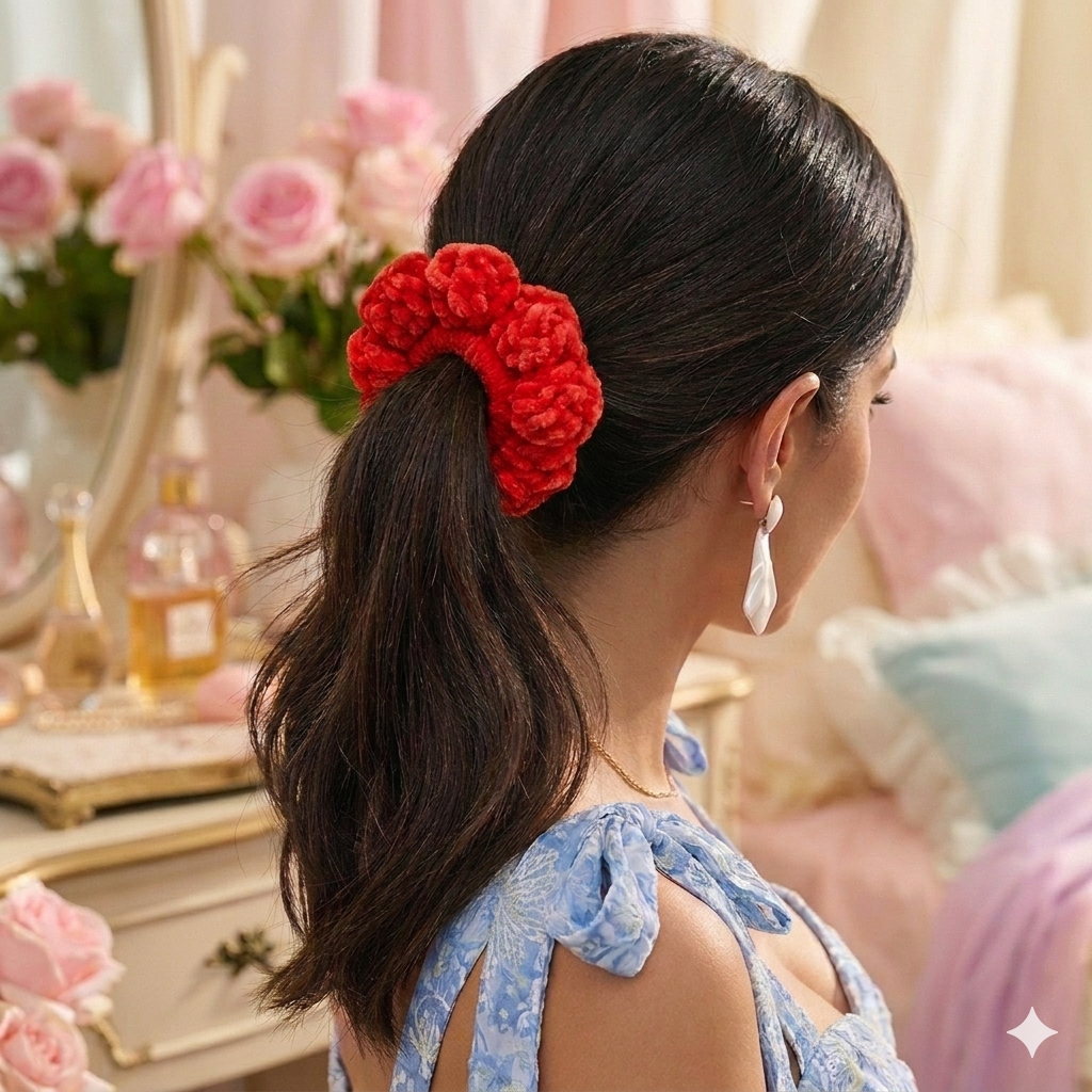 Velvet Plush Scrunchie in Bright Red
